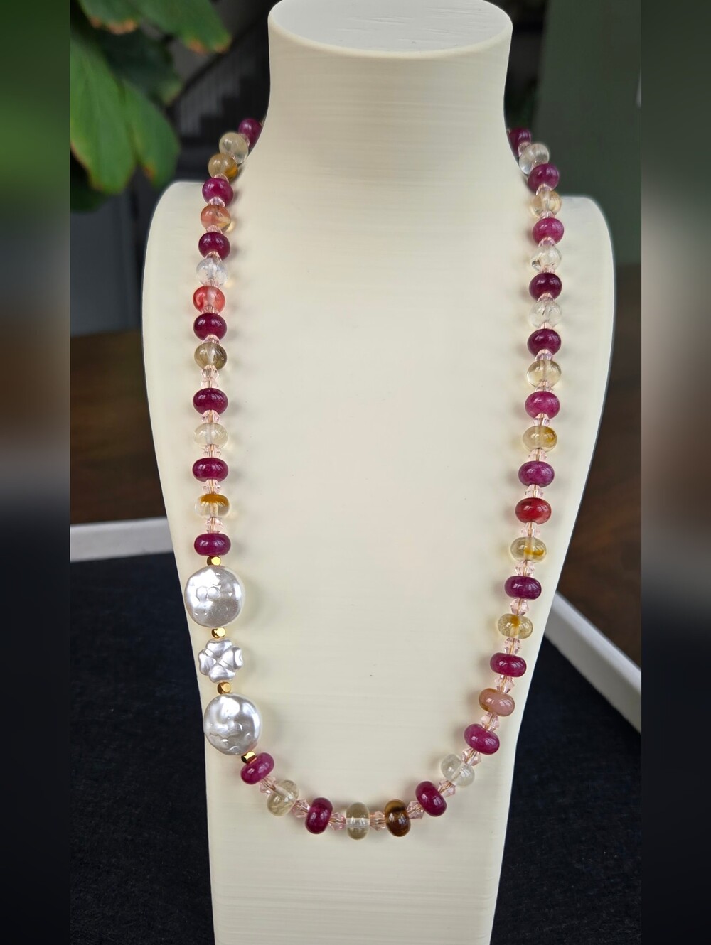 Handcrafted Semiprecious Purple Jade and Swarovski Pearl Bead Necklace